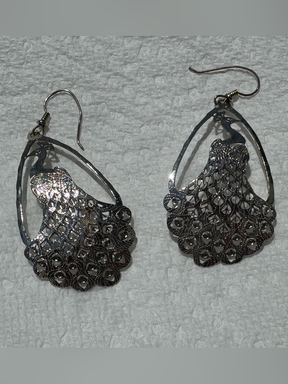 Silver Peacock Filigree Teardrop Earrings - Women's Silver Tone Jewelry